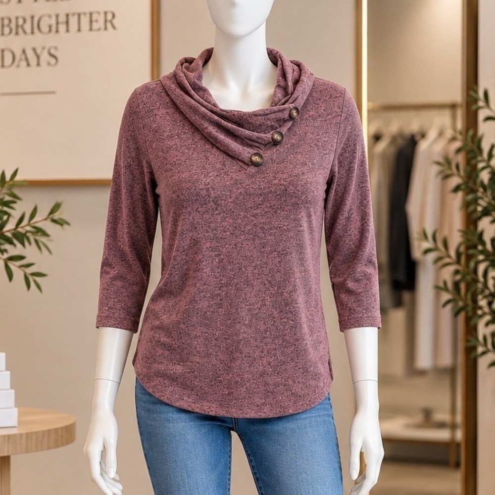 NY Collection Pullover Women Size M Mauve Cowl Neck Button 3/4 Sleeve Knit Top